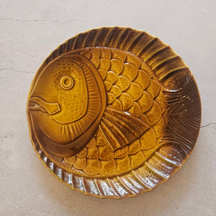 Lot de 4 assiettes plates à poisson céramique marron Digoin Sarreguemines