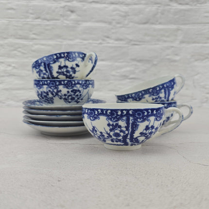 Kit de 5 tasses et 5 sous-tasses en porcelaine bleue et blanche Style Japonais