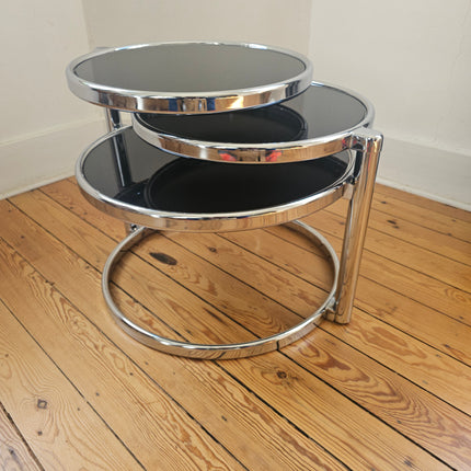 Table basse vintage 3 niveaux à plateaux pivotants en métal chromé et verre fumé - Space Age Années 70