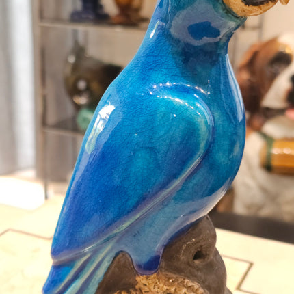 Statuette perroquet en faïence émaillée bleu turquoise 23 cm