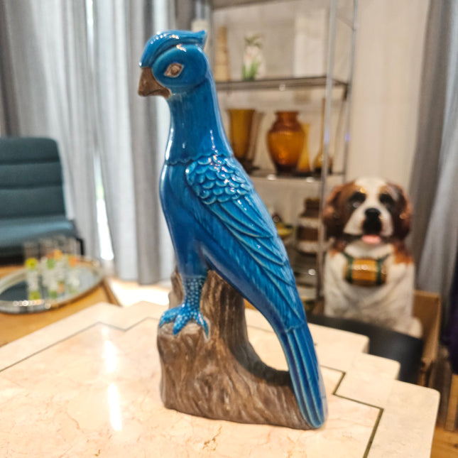 Statuette perroquet cacatoès en céramique émaillée turquoise 30 cm