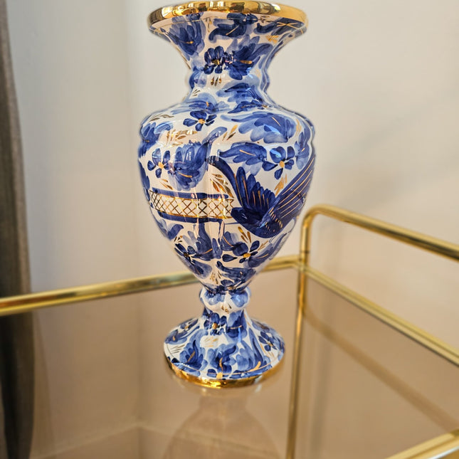 Large blue and gold earthenware vase by H. Bequet