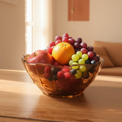 Saladier Coupe à fruits vintage verre ambré motifs géométriques - Style Art déco