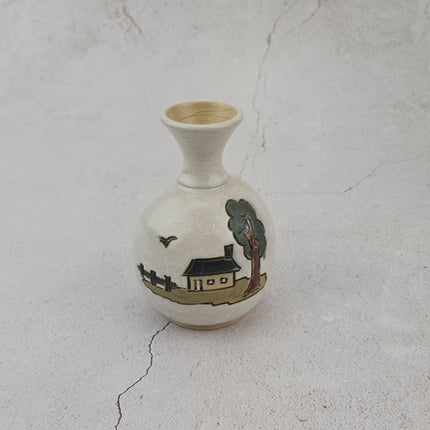 Petit vase vintage en grès de Biron avec dessin maison de campagne à la main Bouffioulx
