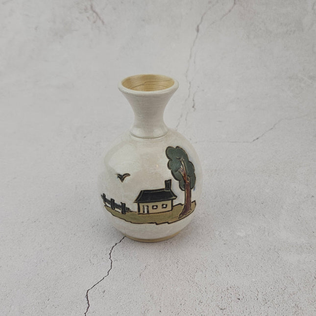 Petit vase vintage en grès de Biron avec dessin maison de campagne à la main Bouffioulx