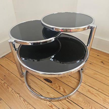 Table basse vintage 3 niveaux à plateaux pivotants en métal chromé et verre fumé - Space Age Années 70