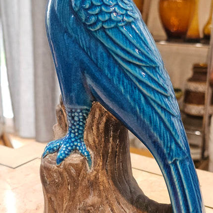 Statuette perroquet cacatoès en céramique émaillée turquoise 30 cm