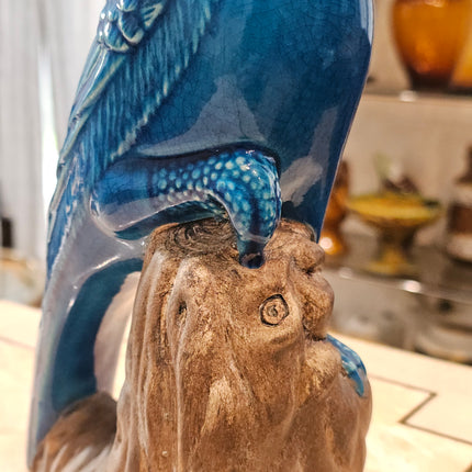 Statuette perroquet cacatoès en céramique émaillée turquoise 30 cm