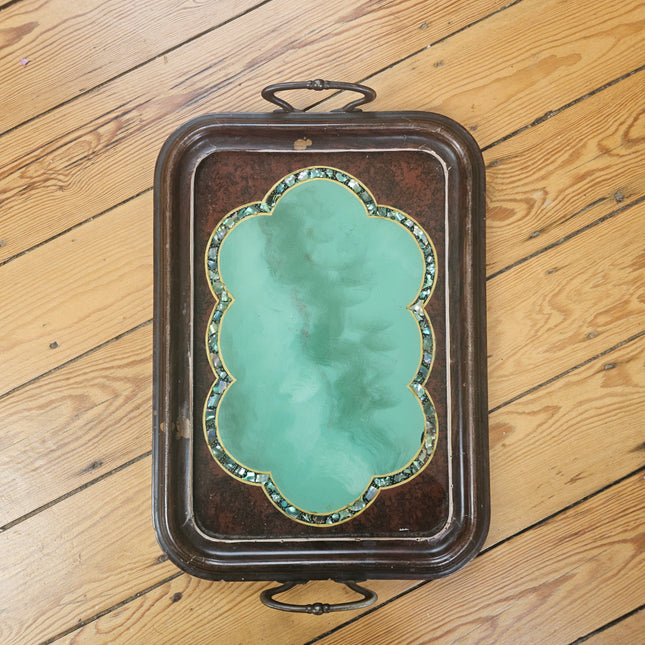 Tafelblad van hout, metaal en glas