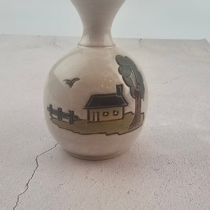 Petit vase vintage en grès de Biron avec dessin maison de campagne à la main Bouffioulx
