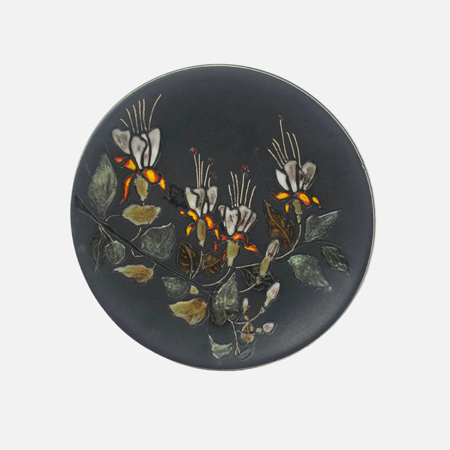 Assiette de décoration noire Ruscha Art Pottery Allemagne motif floral à la main