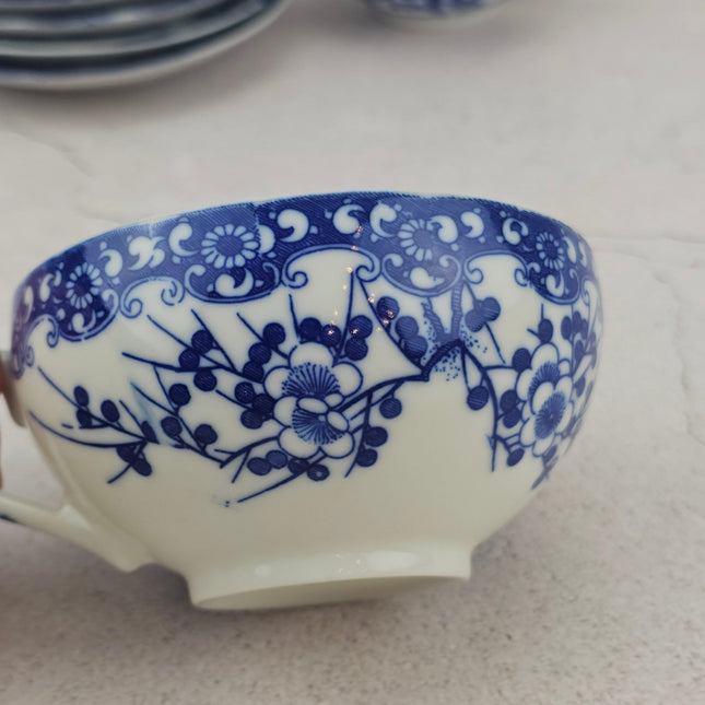 Kit de 5 tasses et 5 sous-tasses en porcelaine bleue et blanche Style Japonais
