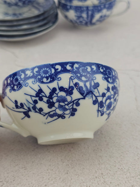 Kit de 5 tasses et 5 sous-tasses en porcelaine bleue et blanche Style Japonais