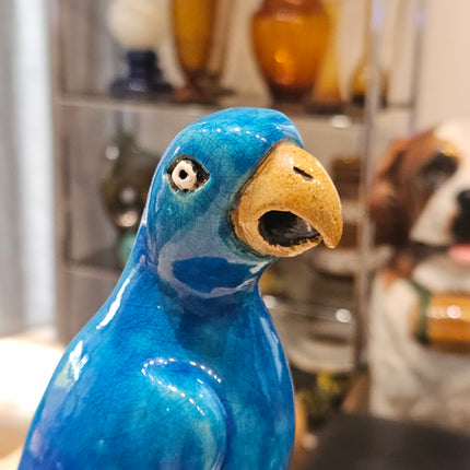 Statuette perroquet en faïence émaillée bleu turquoise 23 cm