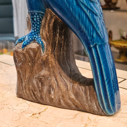 Statuette perroquet cacatoès en céramique émaillée turquoise 30 cm