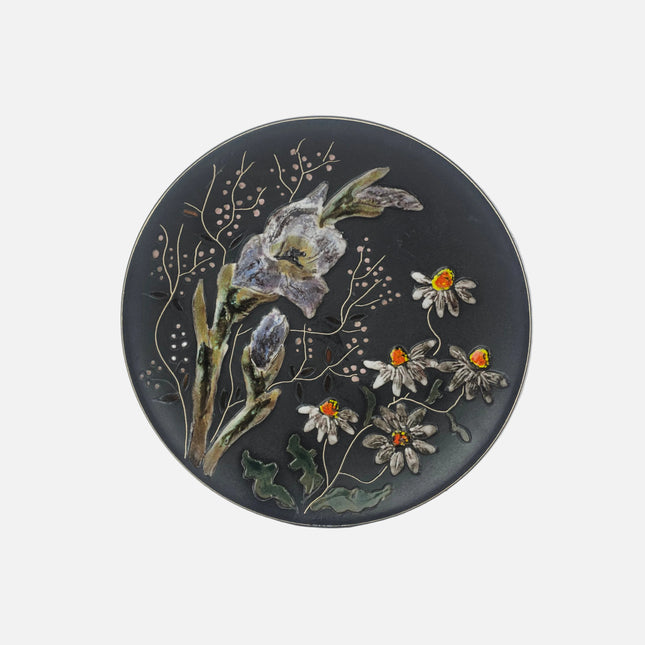 Assiette de décoration noire Ruscha Art Pottery Allemagne motif floral à la main