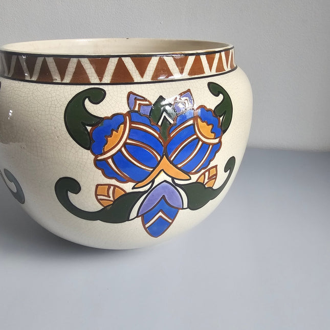 Vase Art déco belge cache-pot AMC blanc et motifs ethniques