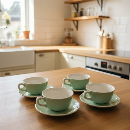 4 tasses et sous-tasses en faïence vert pastel - Boch La Louvière