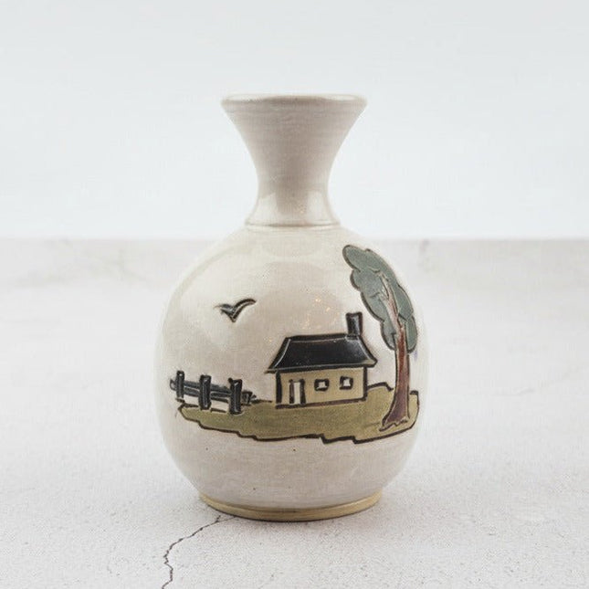 Petit vase vintage en grès de Biron avec dessin maison de campagne à la main Bouffioulx