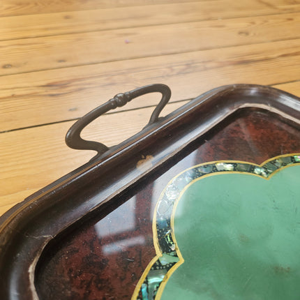 Plateau vintage en bois, verre et nacre