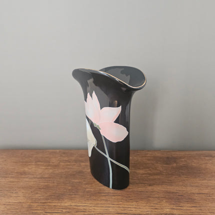Vase vintage Yamaji en porcelaine noire et fleurs pastels - Japon années 80