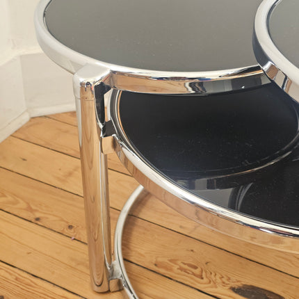 Table basse vintage 3 niveaux à plateaux pivotants en métal chromé et verre fumé - Space Age Années 70