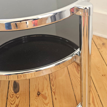 Table basse vintage 3 niveaux à plateaux pivotants en métal chromé et verre fumé - Space Age Années 70