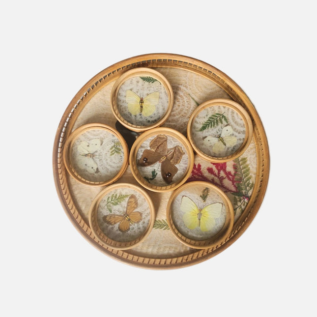 Plateau rond en verre et bambou avec papillons et 6 petits plateaux