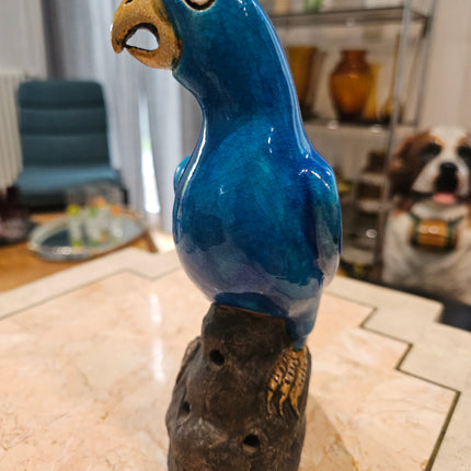 Statuette perroquet en faïence émaillée bleu turquoise 23 cm