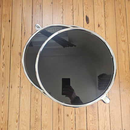 Table basse vintage 3 niveaux à plateaux pivotants en métal chromé et verre fumé - Space Age Années 70