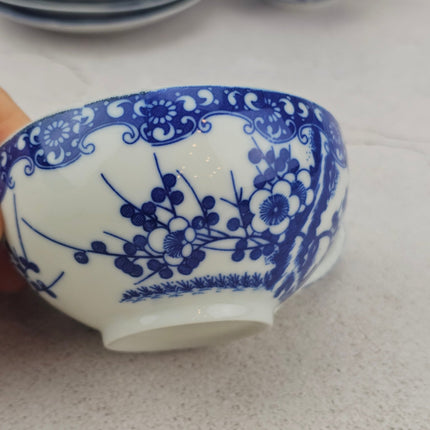 Kit de 5 tasses et 5 sous-tasses en porcelaine bleue et blanche Style Japonais