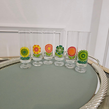 Lot de 6 verres Pop Art Vintage fleurs multicolores - Années 70