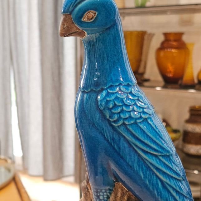 Statuette perroquet cacatoès en céramique émaillée turquoise 30 cm