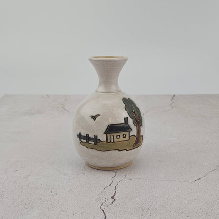 Petit vase vintage en grès de Biron avec dessin maison de campagne à la main Bouffioulx