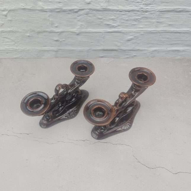 Duo de bougeoirs marrons en céramique Jasba Keramik Années 60