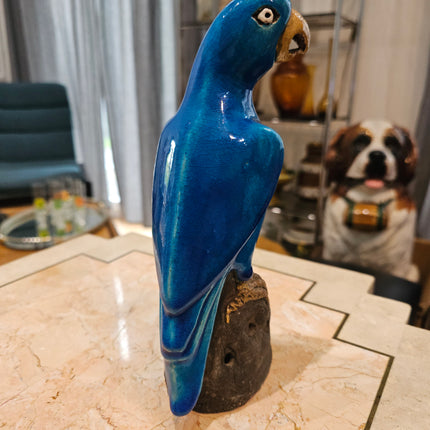 Statuette perroquet en faïence émaillée bleu turquoise 23 cm