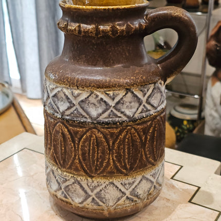 Vase cruche ancien brun et blanc à anse Bay West Germany 9325