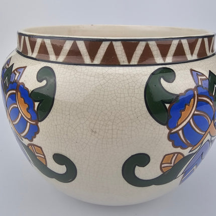 Vase Art déco belge cache-pot AMC blanc et motifs ethniques