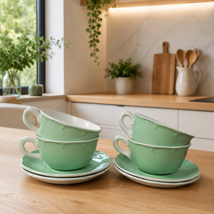 4 tasses et sous-tasses en faïence vert pastel - Boch La Louvière