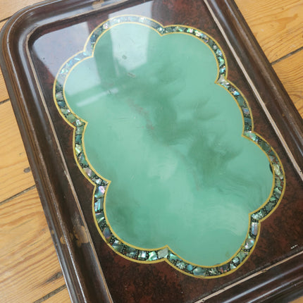 Plateau vintage en bois, verre et nacre
