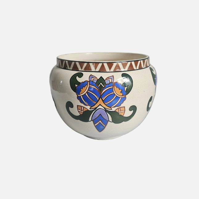 Vase Art déco belge cache-pot AMC blanc et motifs ethniques