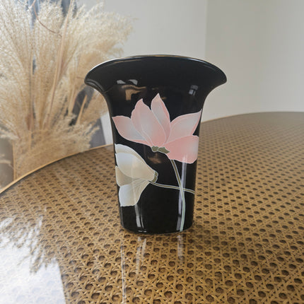 Vase vintage Yamaji en porcelaine noire et fleurs pastels - Japon années 80