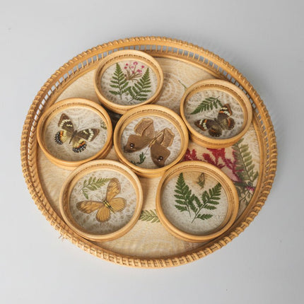 Plateau rond en verre et bambou avec papillons et 6 petits plateaux