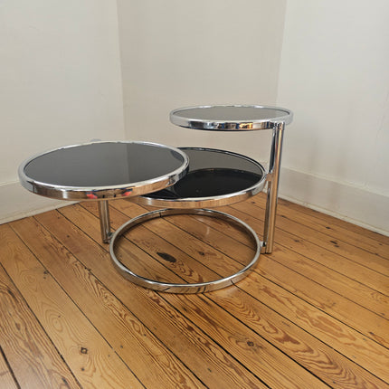 Table basse vintage 3 niveaux à plateaux pivotants en métal chromé et verre fumé - Space Age Années 70
