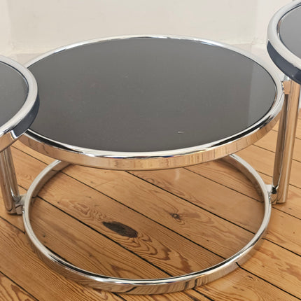 Table basse vintage 3 niveaux à plateaux pivotants en métal chromé et verre fumé - Space Age Années 70