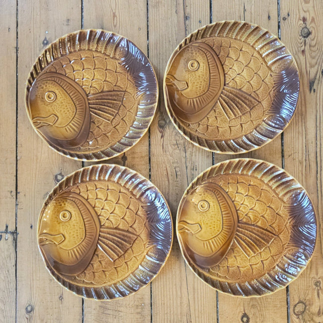 Lot de 4 assiettes plates à poisson céramique marron Digoin Sarreguemines