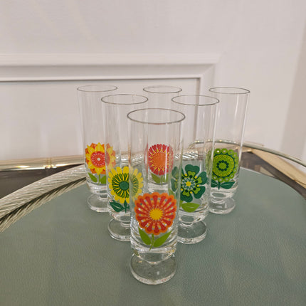 Lot de 6 verres Pop Art Vintage fleurs multicolores - Années 70