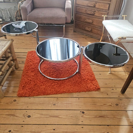 Table basse vintage 3 niveaux à plateaux pivotants en métal chromé et verre fumé - Space Age Années 70