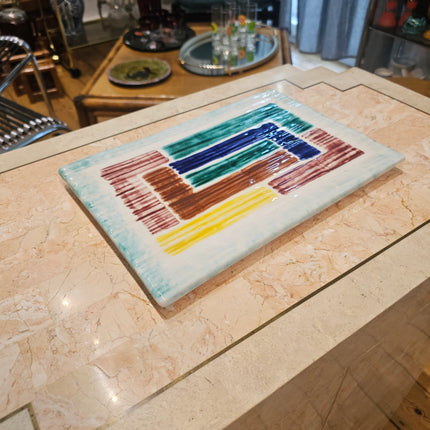 Plat apéro rectangulaire vintage en céramique géométrique - Années 50