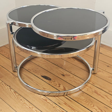Table basse vintage 3 niveaux à plateaux pivotants en métal chromé et verre fumé - Space Age Années 70